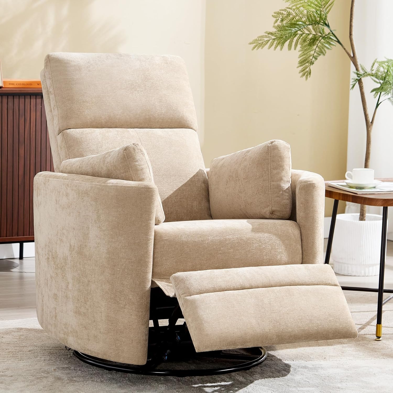 Manual Recliner 360°Swivel Rocking Glider Chair,Upholstered Nursery Adult Recliner Rocker Glider Chair with 2 Pillows for Living Room Bedroom Apartment(Khaki,Manual Operation)