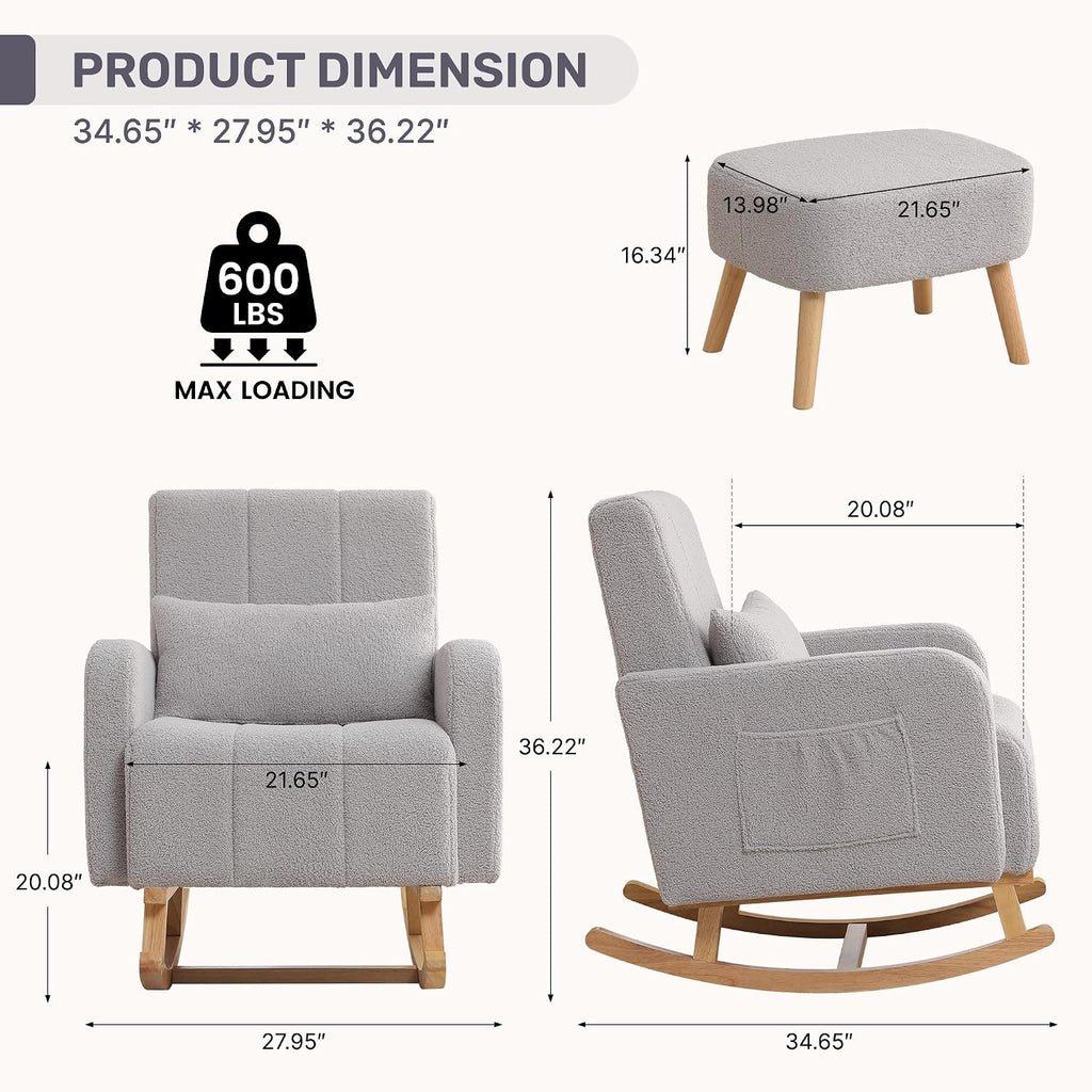 HCHAIRH Nursery Rocking Chair with Ottoman, Upholstered Glider Rocker with High Backrest Side Pocket, Rocking Accent Armchair with Solid Wood Legs for Nursery, Living Room, Bedroom, Light Grey
