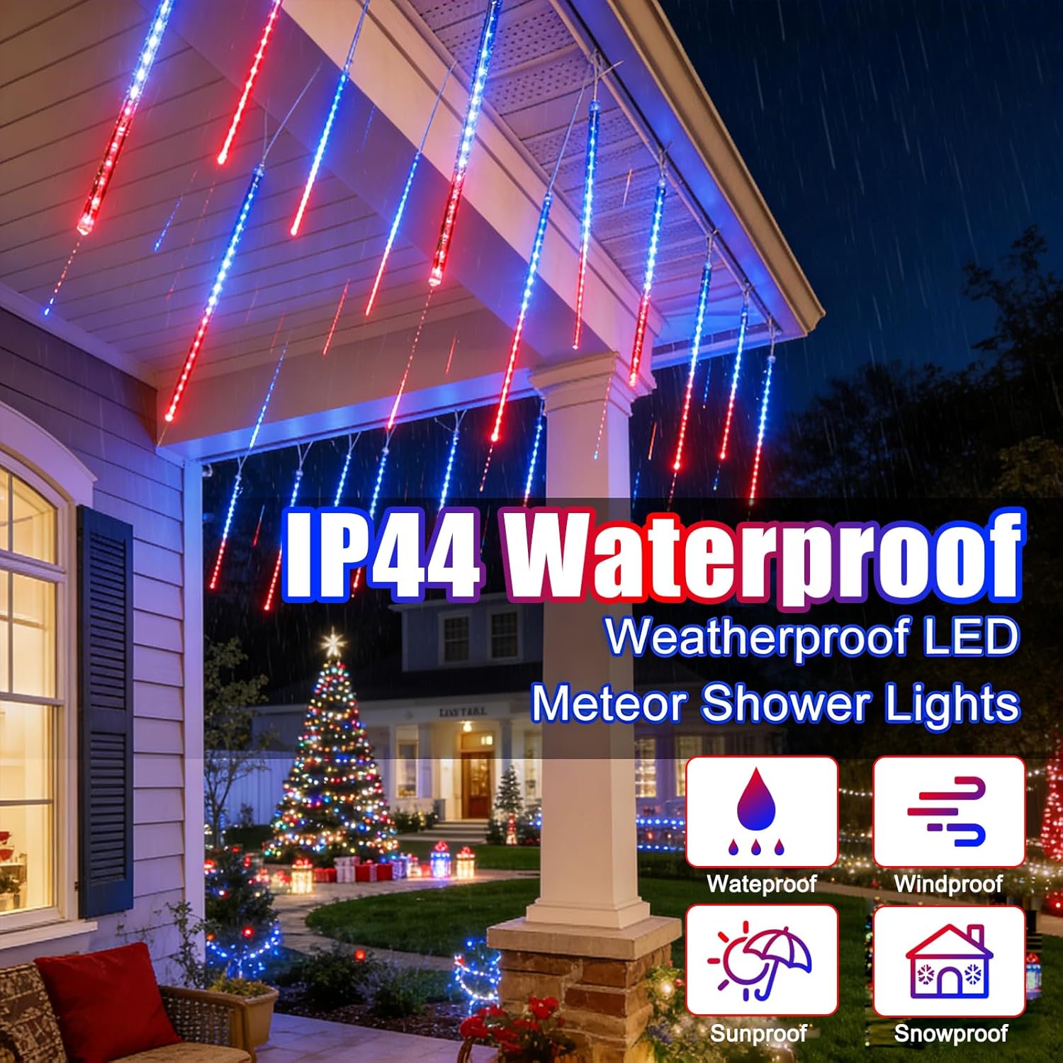 10 Set 12" 240 LED Meteor Lights with Built-in Connectors – Red, Blue, White for Nation Day
