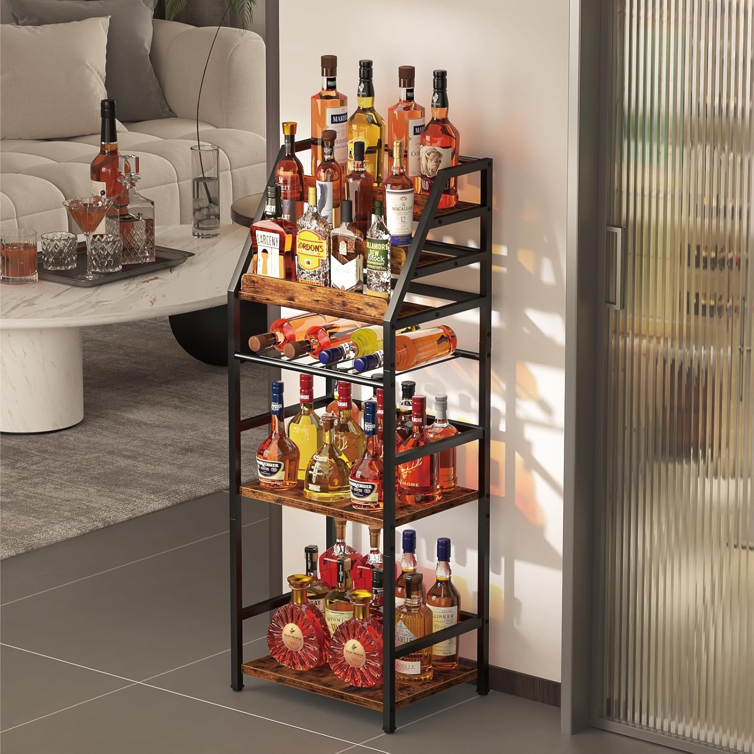 Trapezoid Liquor Wine Rack - Stepped Freestanding Design for Home - Fits Living RoomCorners (Whiskey & Wine Storage)