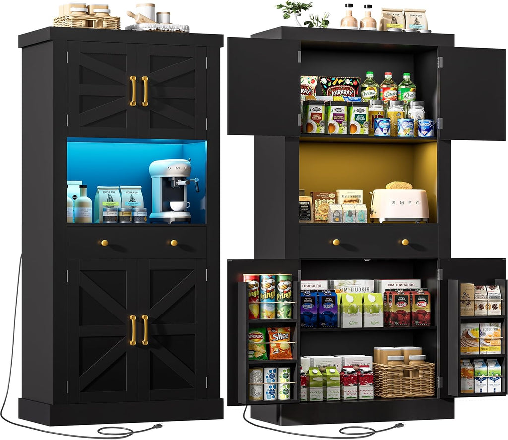 DINGIPP 73" Pantry Cabinet with Charging Station & LED Light, Tall Kitchen Pantry Cabinet with Microwave Stand and 1 Large Drawer, Kitchen Storage Cabinet with 4 Doors for Kitchen, Dining Room, Black