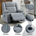 Swivel Rocker Recliner Chair with Heat and 8-Point Massage, Extra Wide Manual Lounge Sofa for Adults, Overstuffed Living Room Chair with 2 Cup Holders 4 Pockets & Remote (-Grey)