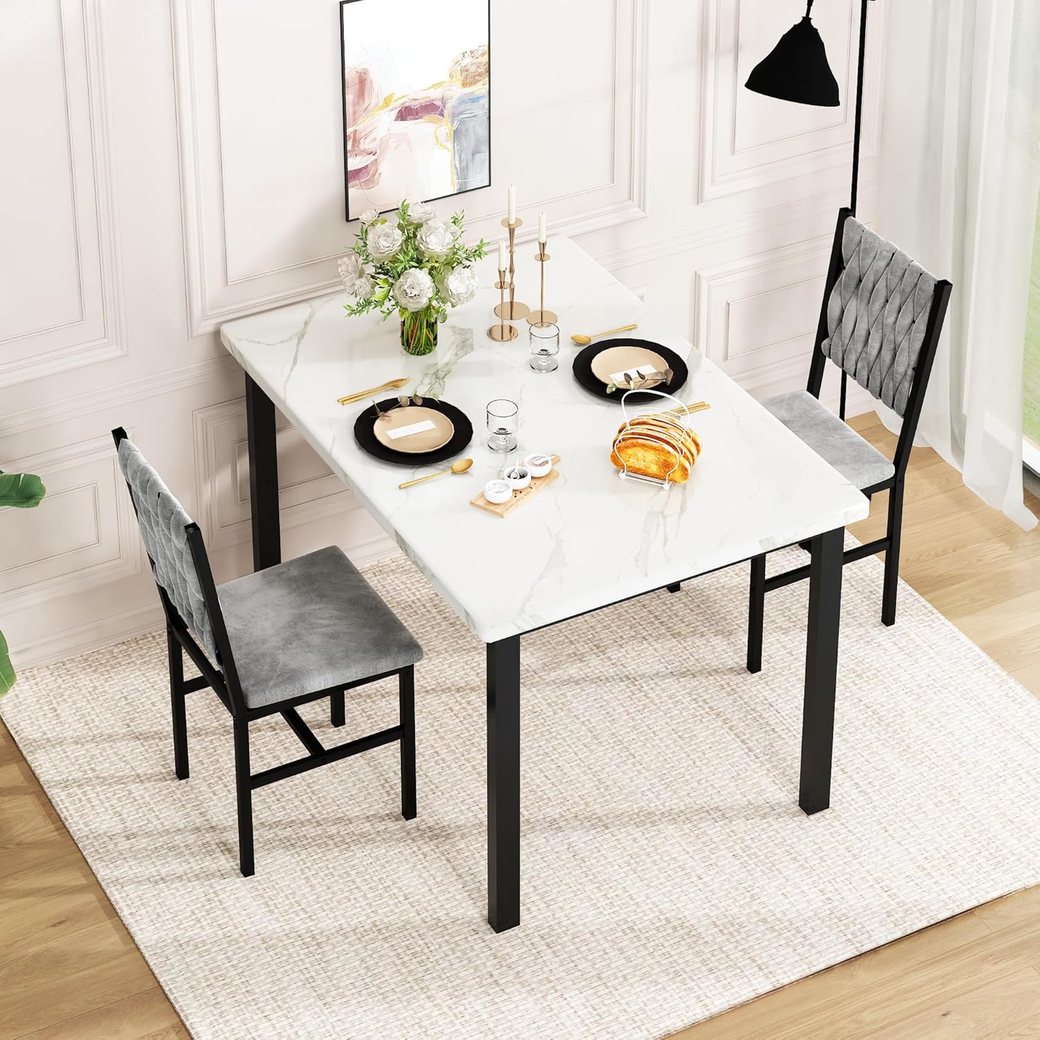 AWQM 3 Piece Dining Table Set for 2, Small Kitchen Dining Table with Upholstered Chairs, Compact Dining Table Set for Small Spaces, Space for Dining Room, Living Room, Apartment (White+Gray)
