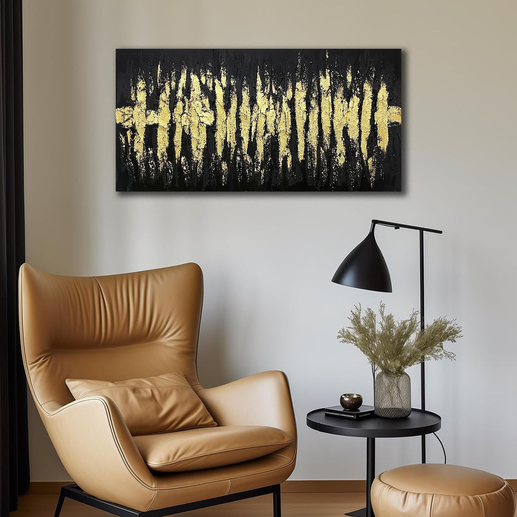 Large Hand Painted 3D Canvas Wall Art for Living Room, Neutral Abstract Black and Gold Texture Minimalismt Painting Handmade Picture Artwork Wall-Decor for Bedroom Home Decoration, Size 40x20 inches