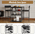 3 Piece Counter Height Dining Table Set for 2 with 3-Tier Storage Open Shelves & Upholstered PU Cushion Chairs, Space Saving Kitchen Table for Small Spaces, Apartment, Pub, Breakfast, Black