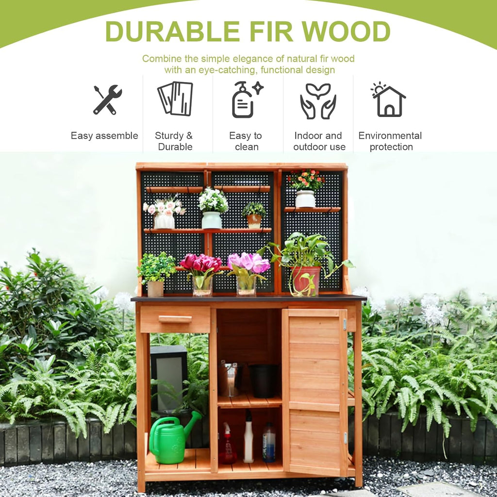Outdoor Potting Bench, Black, 44 * 20 * 63in | Wooden with Metal Tabletop, Drawer Included, Matching Storage Cabinet, Shelf/Hooks Included