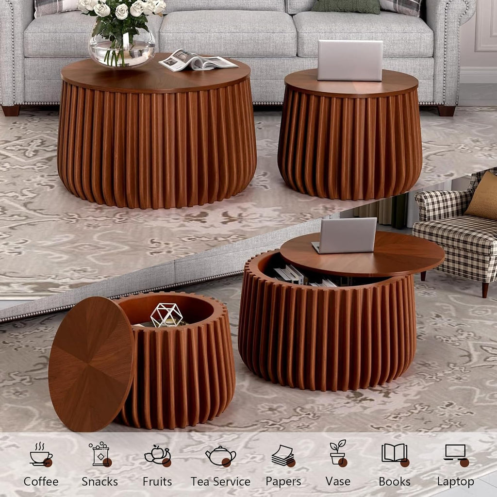 Round Nesting Coffee Tables Set of 2 with Storage Modern Wooden Fluted Nesting End Table Set Stacking Sofa Side Tables for Living Room Apartment, No Need Assembly (BrownD)