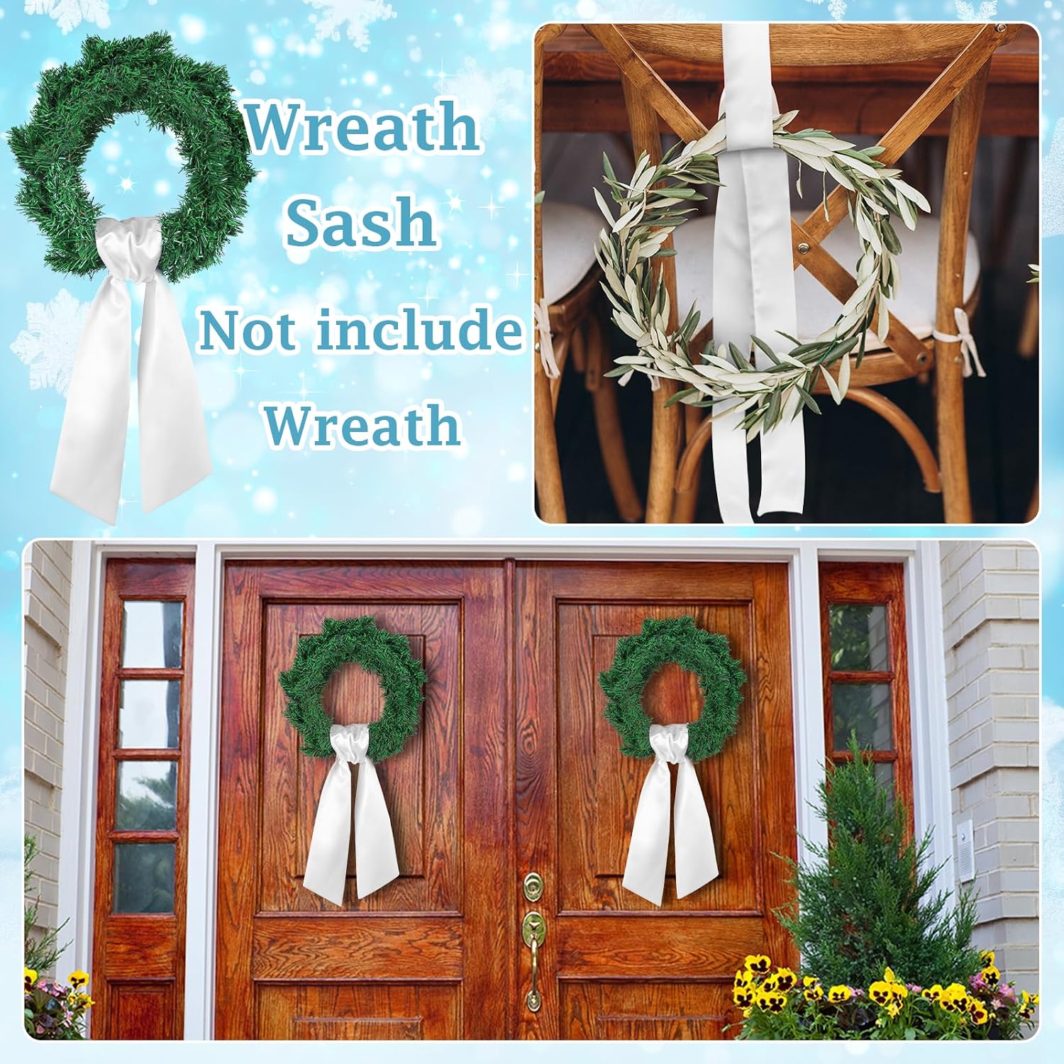 VitalCozy White Wreath Sash for Front Door Blank Satin Tulle Bow Wreath Sash Embroidery Monogram Plain Ribbon Accessories for Xmas Party Yard Doorway Indoor Outdoor Wall (4.5'' X 56'',Satin)
