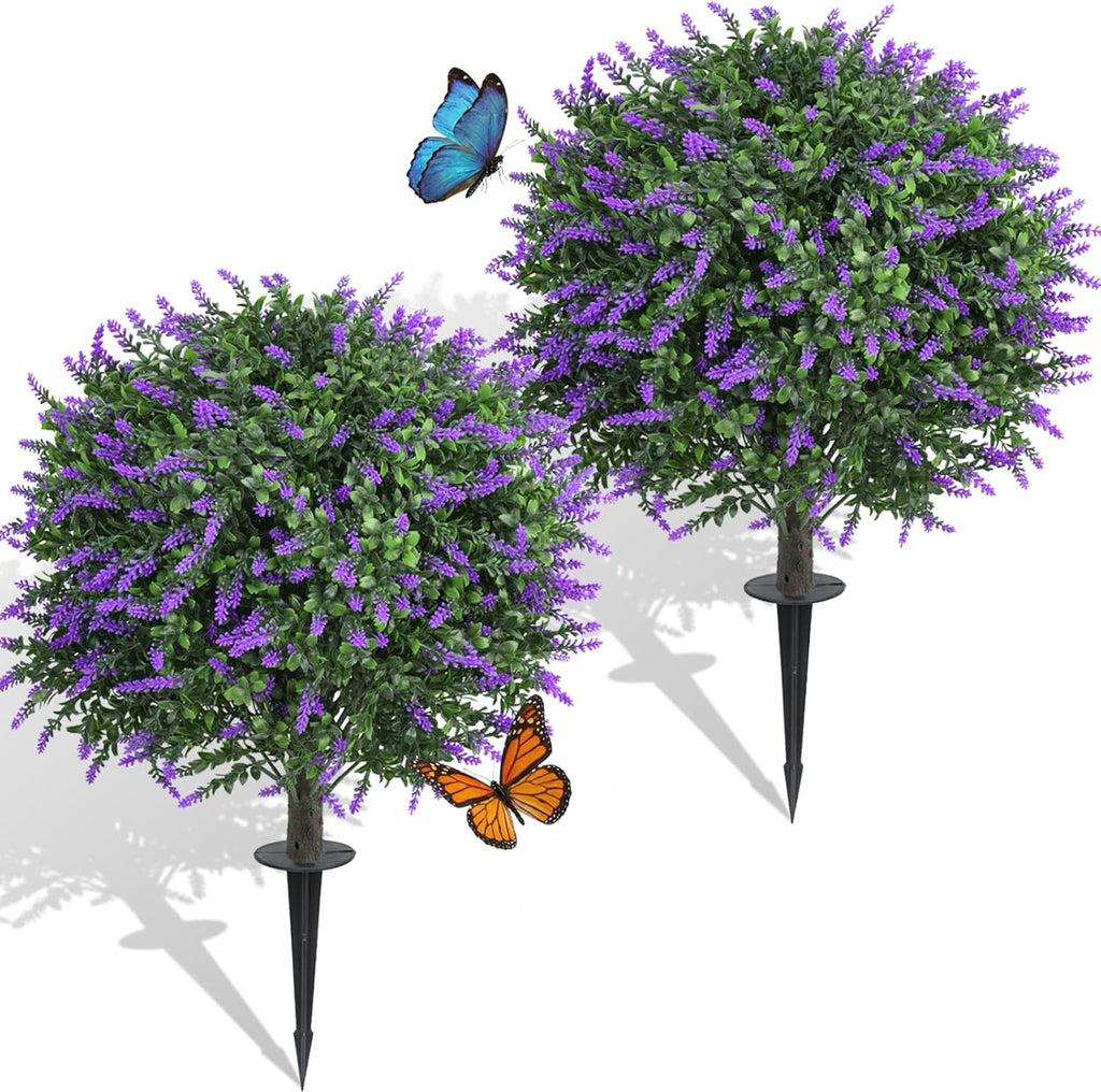Dense Foliage Artificial Lavender Topiary Ball Trees 24 Inch, 2 Pack UV Resistant Fake Plants Outdoor, Faux Bushes with Ground Spike for Garden, Patio, Porch, Yard Decor