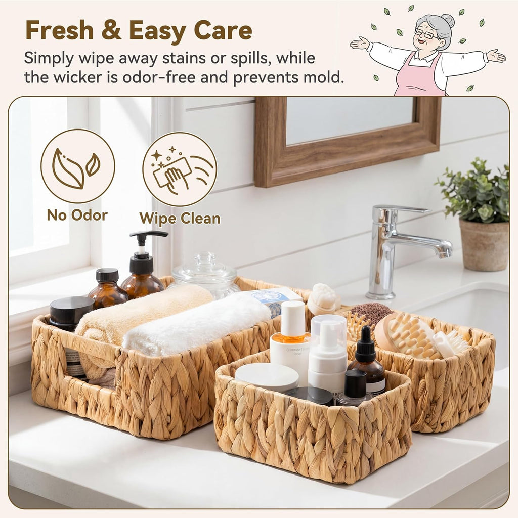 GRANNY SAYS Small Wicker Baskets for Shelves 3 Pack, Wicker Storage Baskets with Handles, Water Hyacinth Woven Basket for Organizing Counter, Toilet, Pantry, Living Room Storage