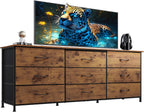 WLIVE 63''W Dresser for Bedroom, Dresser TV Stand for 65, 70, 75 inch TV, Wide Chest of Drawers with 9 Drawer, Large Entertainment Center, Fabric Dressers with Wood Top for Living Room, Rustic Brown