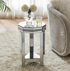 Henf 2-Tiers Silver Mirrored End Table for Small Space, Crystal Decor Mirrored Octagon Side Table Accent Table for Living Room, Octagon Bedside Nightstand for Bedroom, 13.8''x13.8''x21''