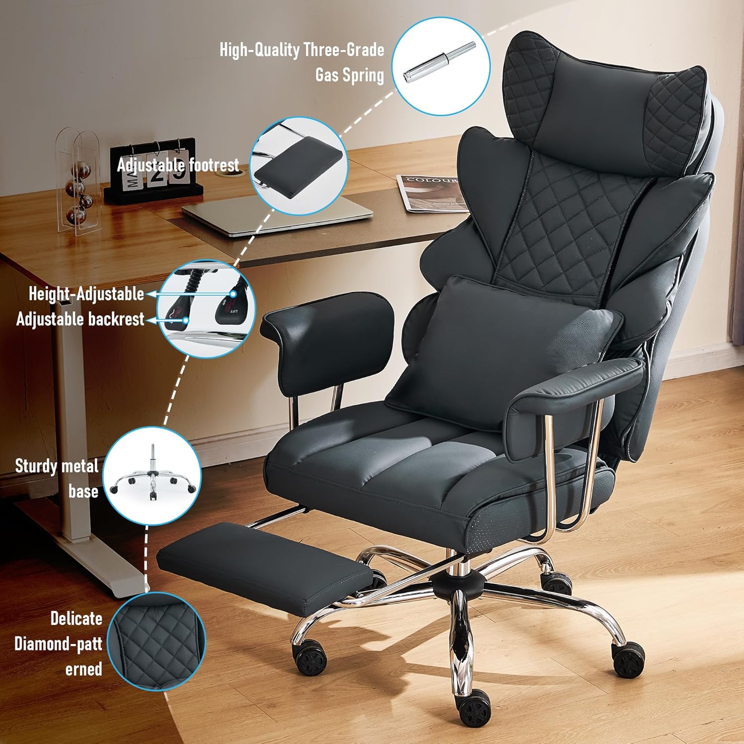 DYHOME 500 Lbs Kneading Massage Office Chair with Foot Rest, Ergonomic Reclining Home Computer Chair, High Back Thick Cushion Big & Tall Office Chair, Comfy Leather Heavy Duty Executive Chair, Black
