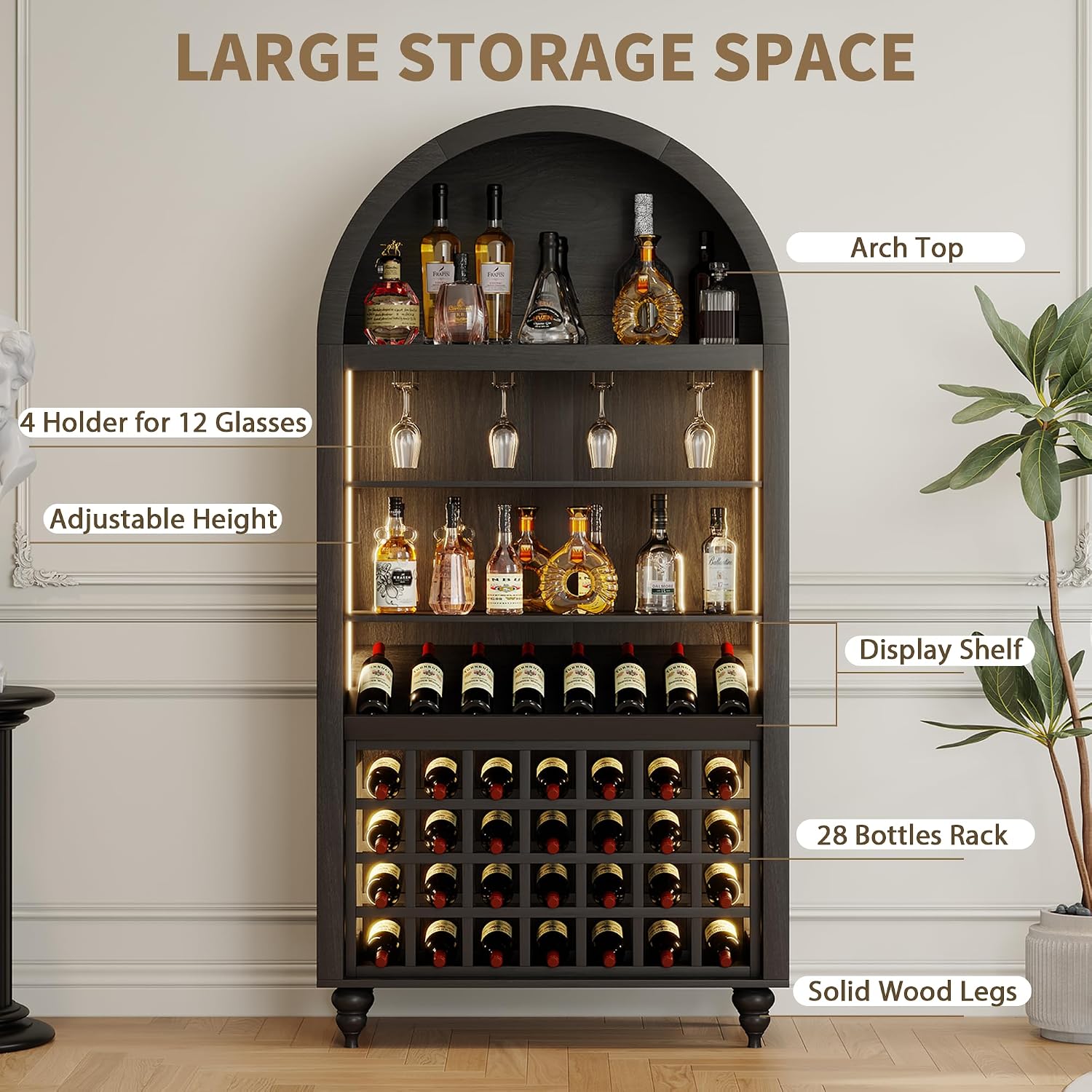 71" Tall Arched Wine Bar Cabinet with Wine Racks & Glass Holder, Wide Liquor Cabinets with LED Lights & Charing Ports, Kitchen Pantry Cupboard, Coffee Bar Storage Cabinet for Home, Dining Room (Black)