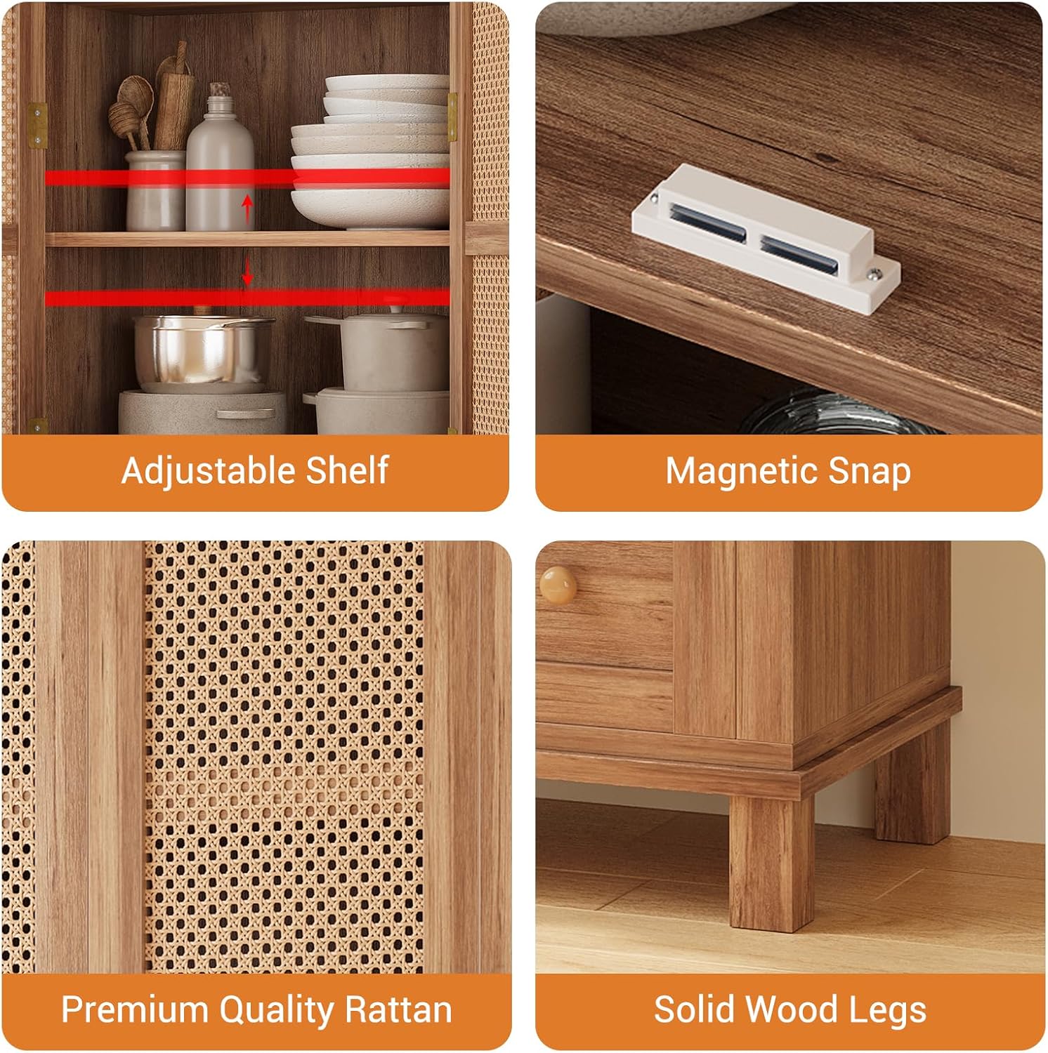 Kitchen Pantry Storage Cabinet, Kitchen Storage Cabinets with Rattan Doors and 2 Drawers, Pantry Cabinet with Adjustable Shelf, Adjustable Shelves for Dining Living Room