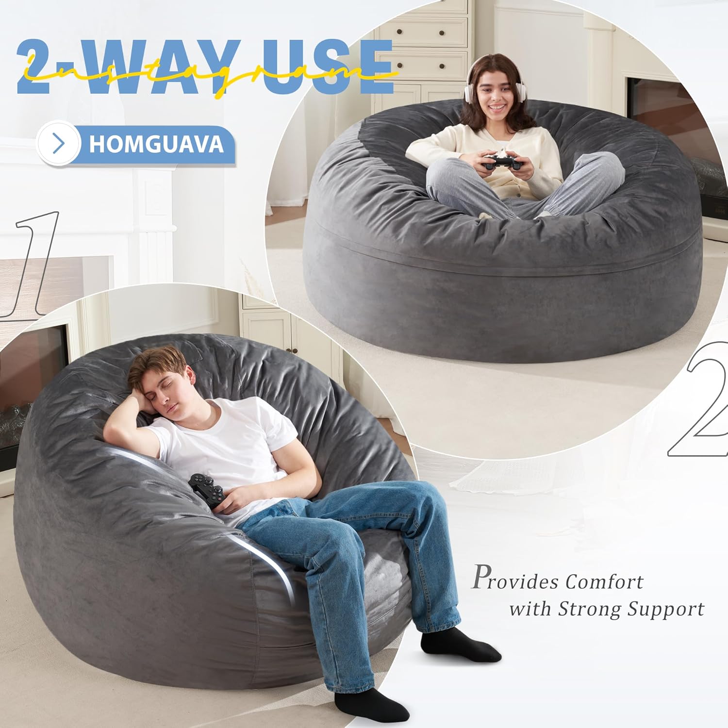 Homguava 5FT Bean Bag Chair Giant BeanBag with Memory Foam Filled, Comfy Bean Bag Chairs for Adults, Adult Bean Bag Chair with Dutch Velvet Cover for Living Room Bedroom-Grey