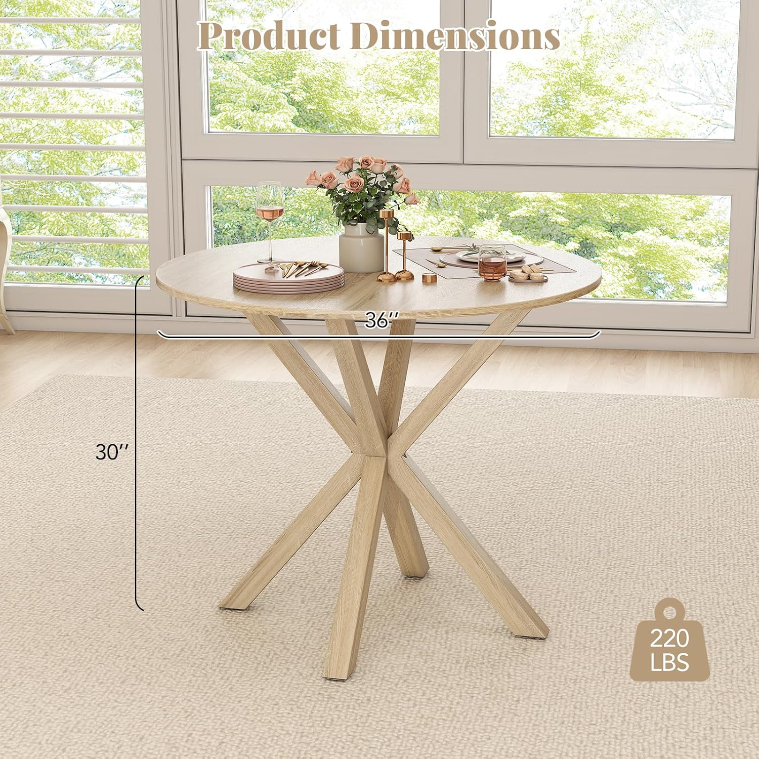 Giantex 36" Round Dining Table for 4, Farmhouse Kitchen Table with Rubber Wood Legs, Adjustable Foot Pads, Dining Room Tables for Dinette, Small Space, Dinner, Living Room, Restaurant, Oak