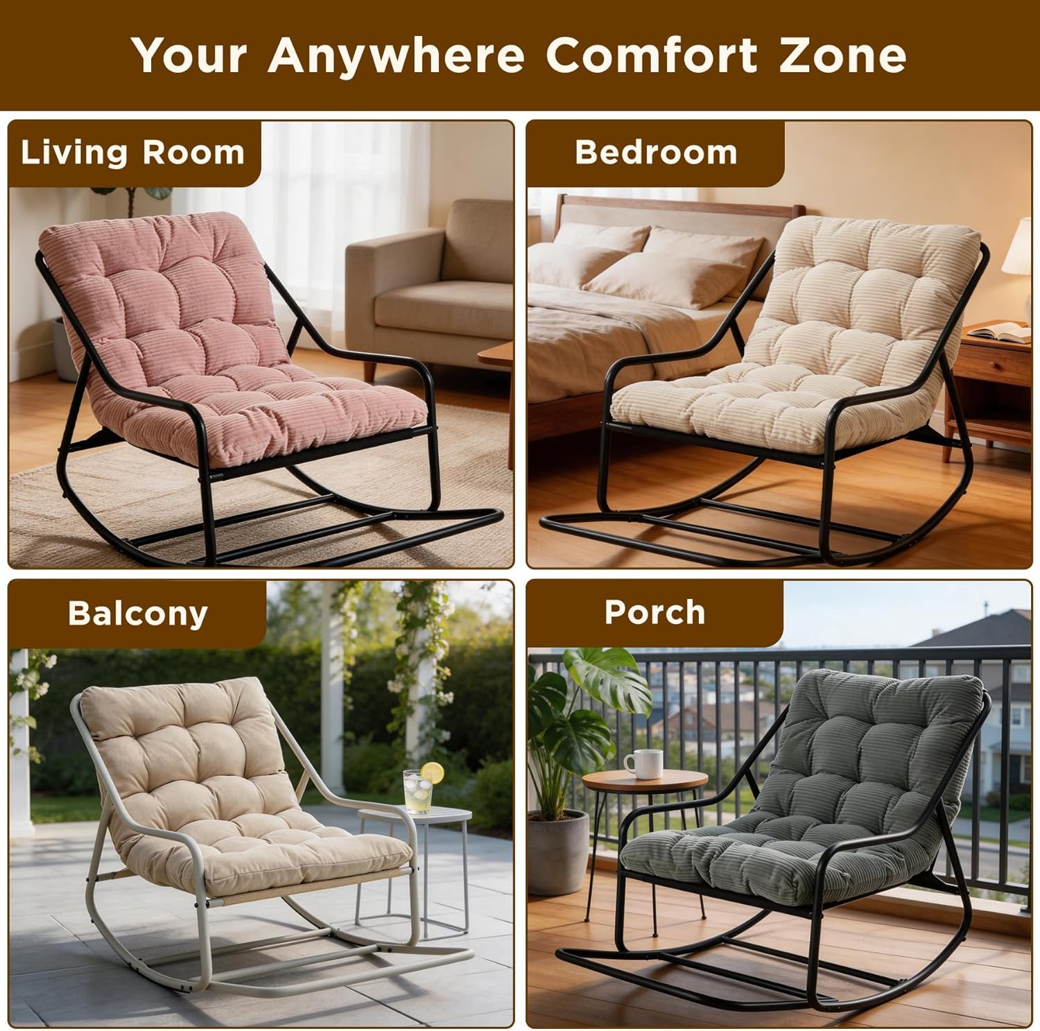 Outdoor Rocking Chair with Footrest, Adjustable Papasan Rocker Indoor Outdoor Lounge Chair, Waterproof Comfy Cushion, 300lbs Capacity, for Patio, Porch, Garden, Living Room, Gray