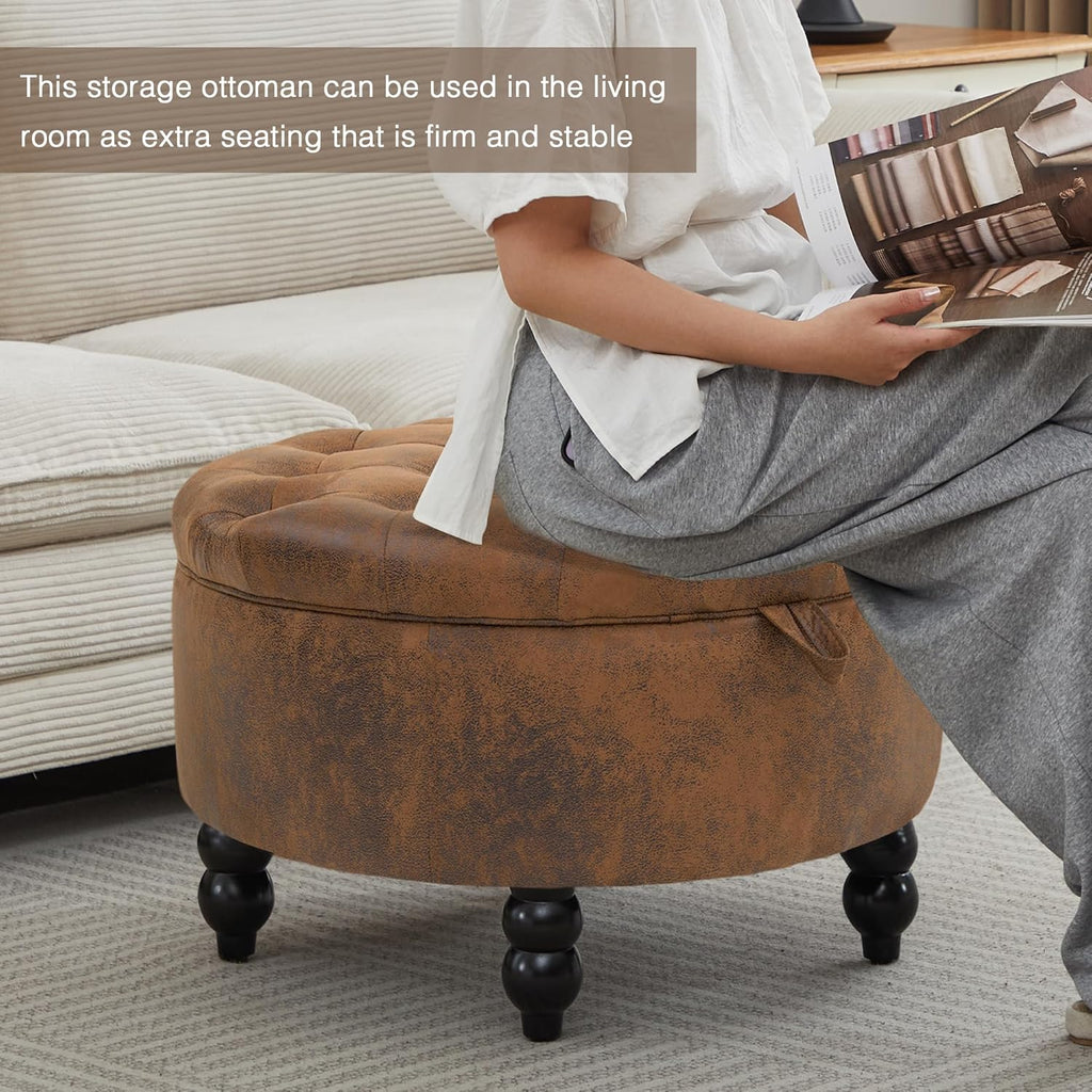30 Inch PU Leather Round Storage Ottoman with Tray, Modern Upholstered Tufted Coffee Table with Storage, Large Ottoman Footrest Stool for Living Room, Bedroom, Dorm, Light Brown