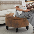 30 Inch PU Leather Round Storage Ottoman with Tray, Modern Upholstered Tufted Coffee Table with Storage, Large Ottoman Footrest Stool for Living Room, Bedroom, Dorm, Light Brown