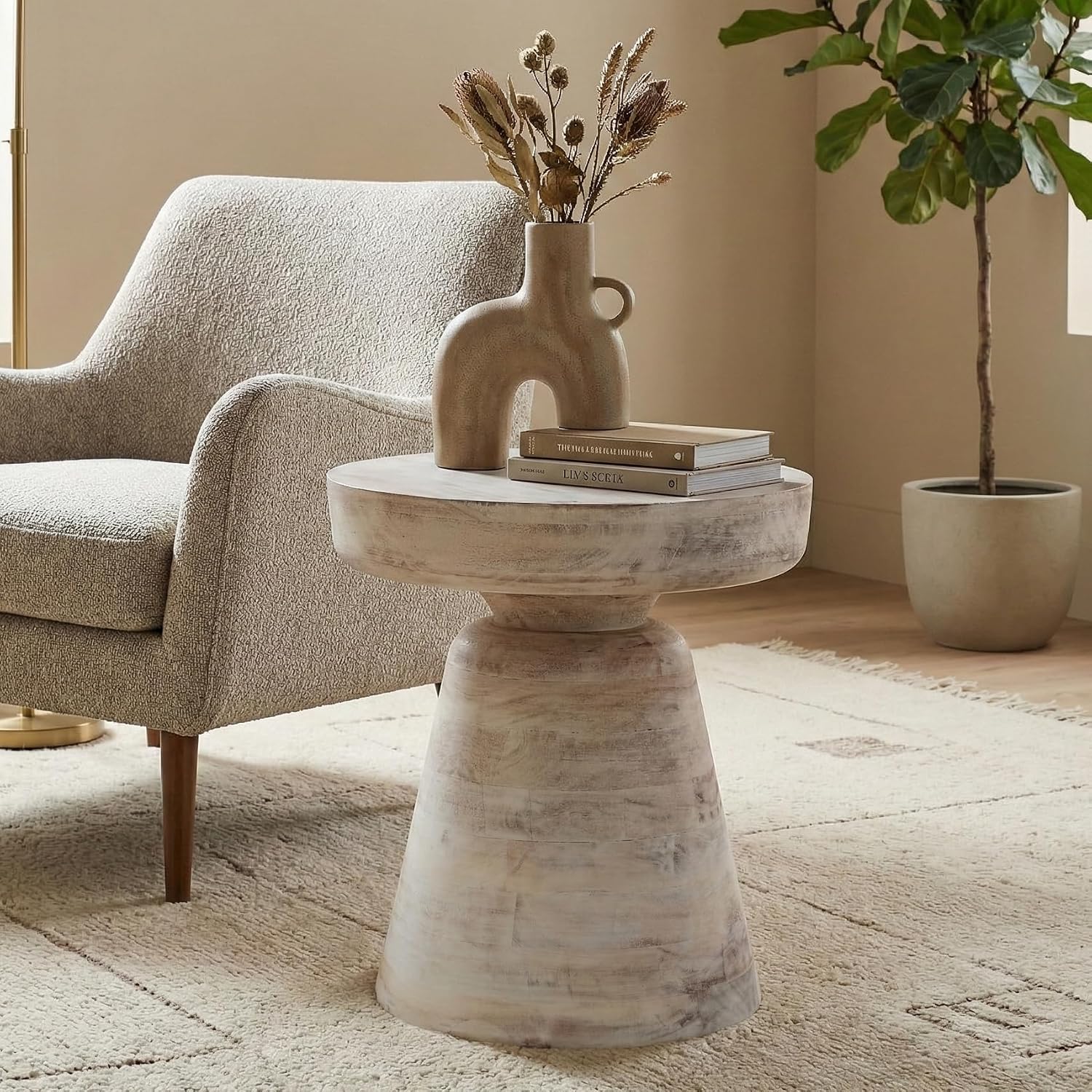 SIMPLIHOME Robbie Accent Table - 16 inch Wide Solid Mango Wood End Table in Distressed Aged White, Boho Contemporary Rustic Side Table for Living Room or Bedroom with Multipurpose Function, Assembled