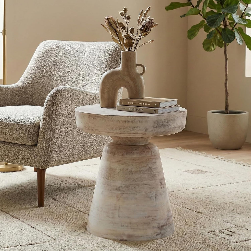 SIMPLIHOME Robbie Accent Table - 16 inch Wide Solid Mango Wood End Table in Distressed Aged White, Boho Contemporary Rustic Side Table for Living Room or Bedroom with Multipurpose Function, Assembled