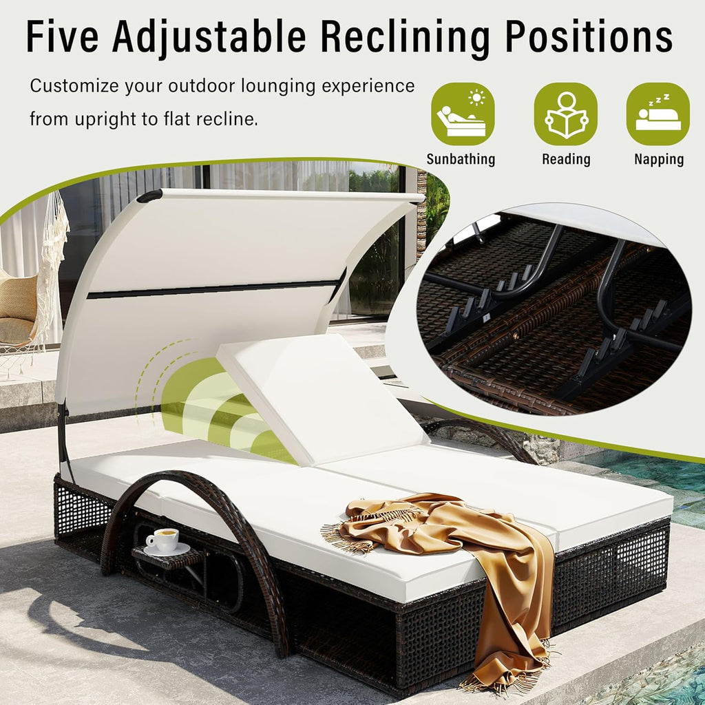 Mirightone 2-Person Outdoor Chaise Lounge Daybed with Canopy, Steel Frame Patio Sunbed with Adjustable Backrest, Hidden Side Table and Arched Armrests, for Poolside, Deck, Garden, Beige