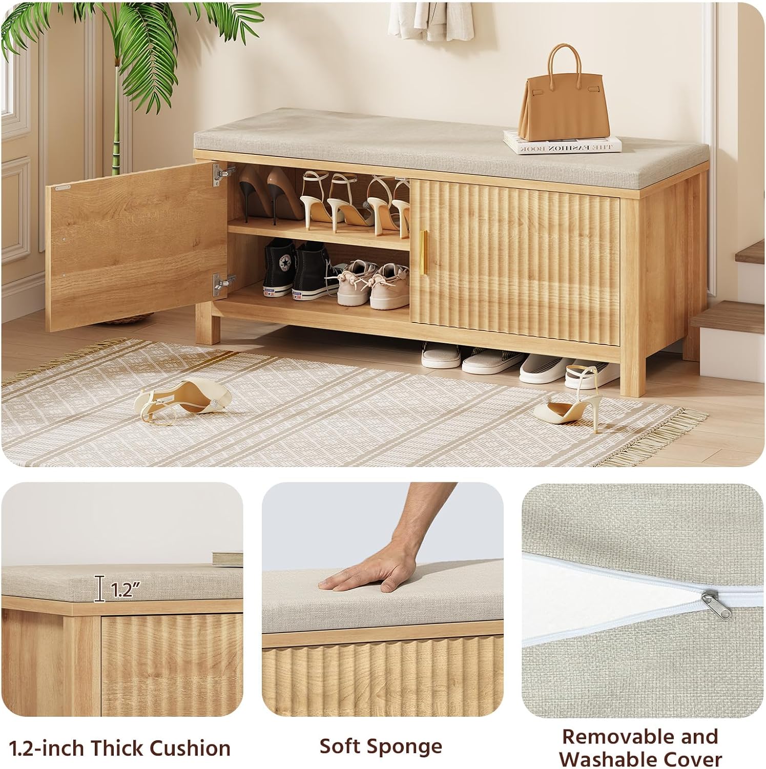 39.4" Shoe Storage Bench with Seating Cushion, Fluted 2-Tier Entryway Bench with 2 Doors & Adjustable Shelves, Shoe Cabinet Bench for Entryway, Bedroom, Hallway, and Living Room