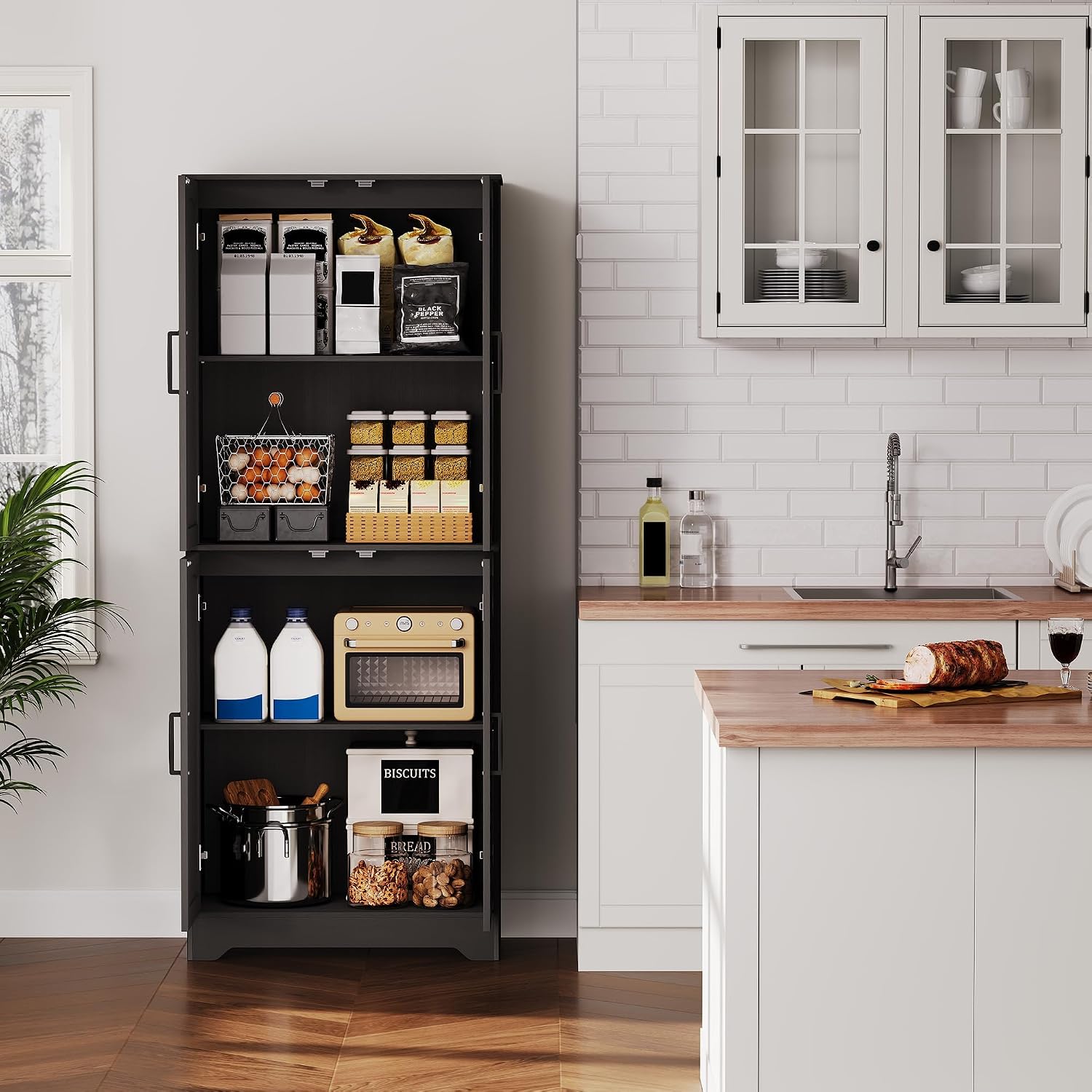 Takywep 71" Tall Storage Cabinet, Wood Pantry with Doors and Shelves for Dining Room, Large Kitchen Pantry Storage Cabinet and Food Pantry Cabinet with Adjustable Shelves, Black