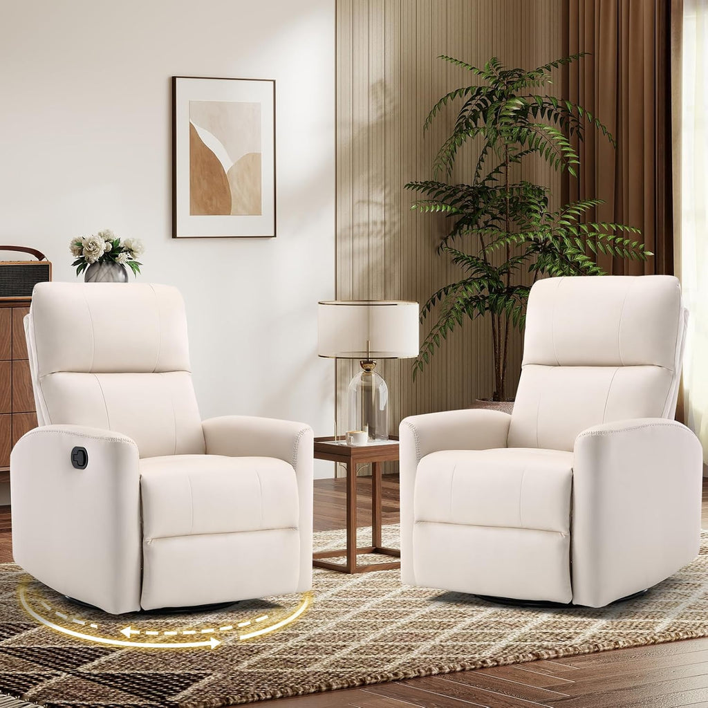 HAOMARKETS Swivel Rocker Recliner Chair Set of 2, Manual Faux Leather Glider Rocking Recliners for Adults, 360° Swivel Nursery Reclining Sofa with Padded Backrest for Living Room, White