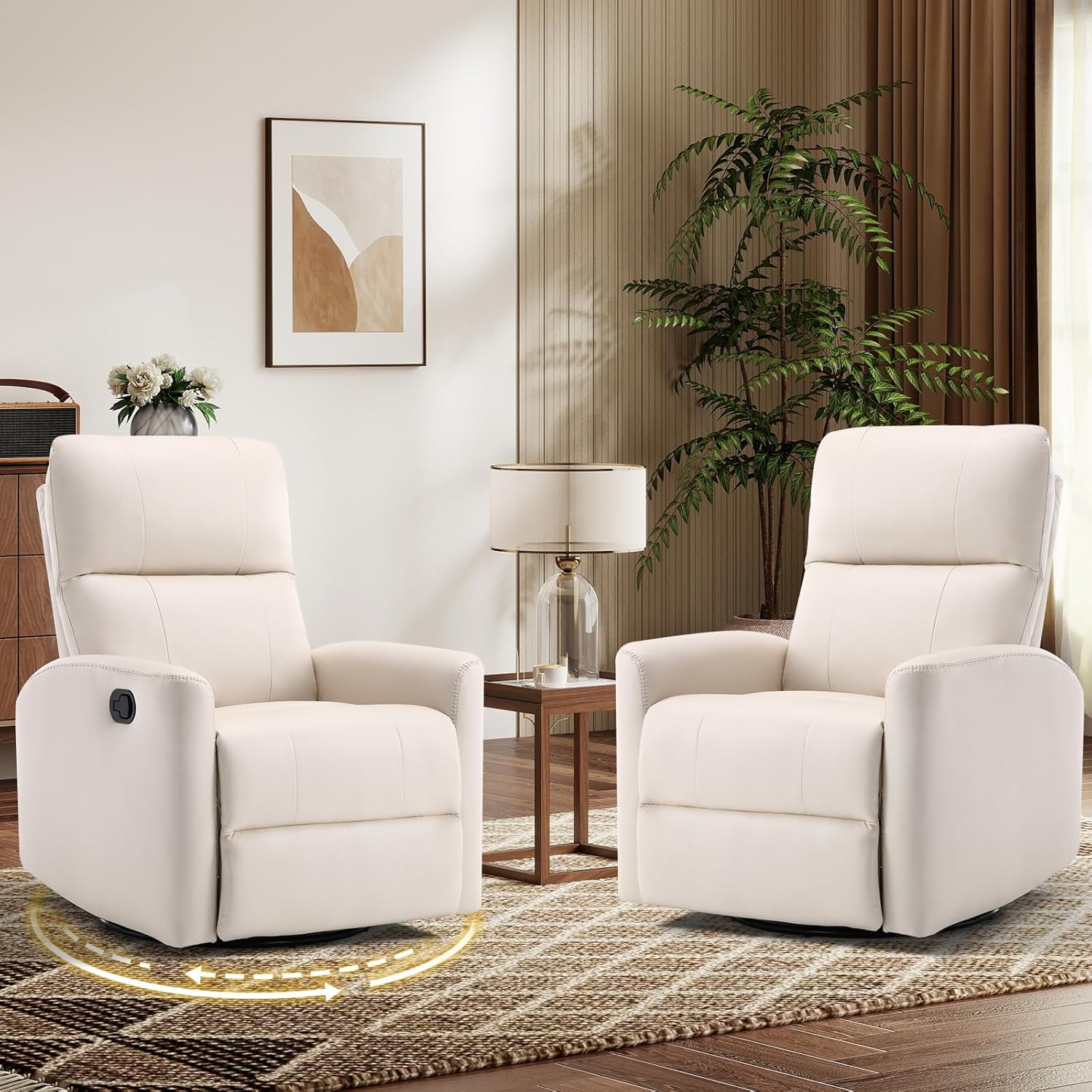 HAOMARKETS Swivel Rocker Recliner Chair Set of 2, Manual Faux Leather Glider Rocking Recliners for Adults, 360° Swivel Nursery Reclining Sofa with Padded Backrest for Living Room, White