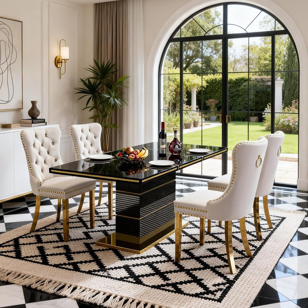SSLine 5-Piece High-Gloss Black Dining Table Set for 4,Modern 70" Wood Kitchen Table with 4 Velvet Tufted Chairs,Luxury Rectangle Dining Room Tables with Pillar Gold Steel Pedestal Base