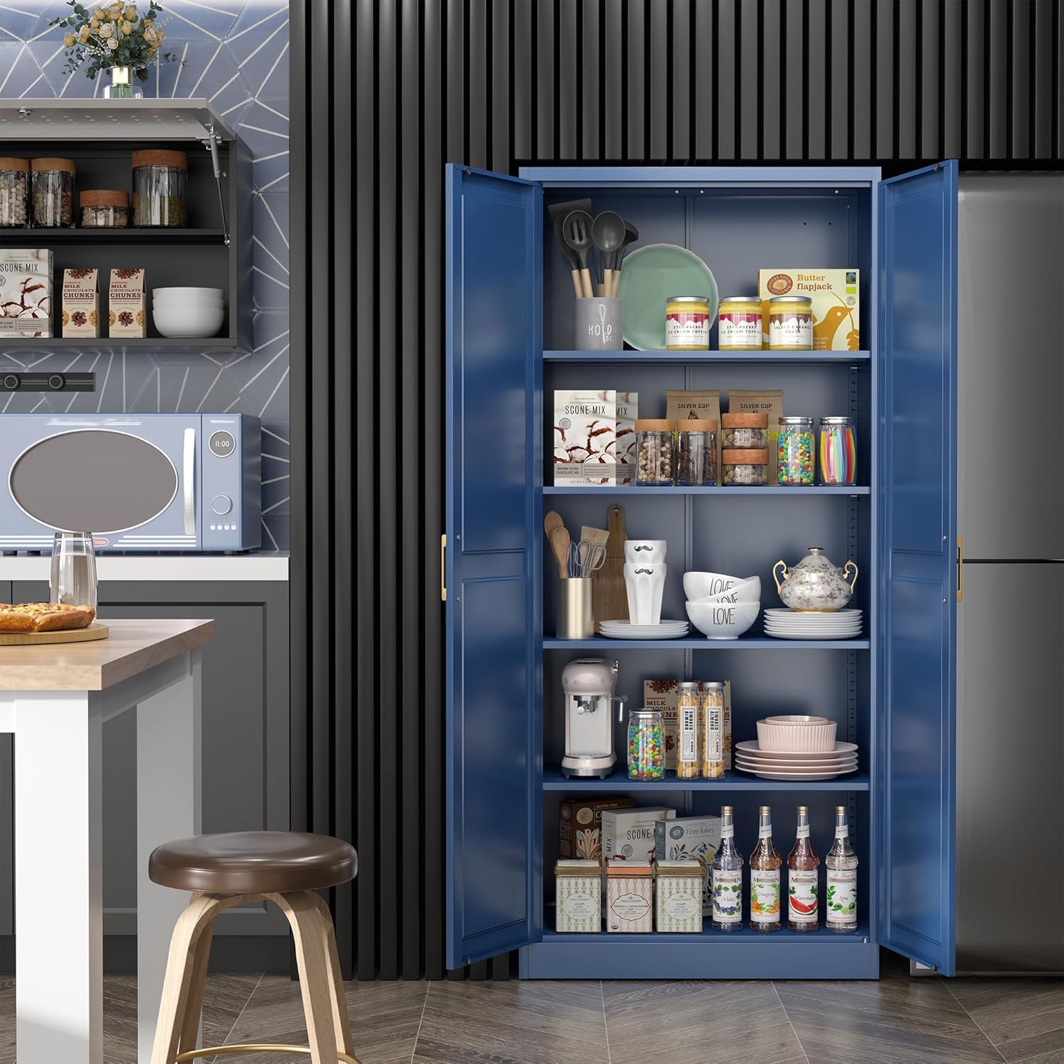 SteeLoong Kitchen Pantry Cabinet,71” Metal Pantry Storage Cabinets with Doors and 4 Adjustable Shelves,Blue Kitchen Cabinet with 2 Gold Handles,Tall Cabinet for Livingroom
