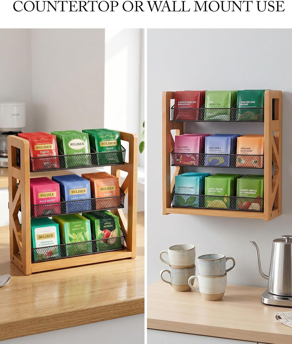 HULISEN Tea Bag Organizer, 3 Tier Tea Bag Holder, Holds Up to 120 Teabags | 9 Removable Compartments, Countertop or Wall Mount Use, Wood Metal Teabag Rack for Coffee Bar Kitchen