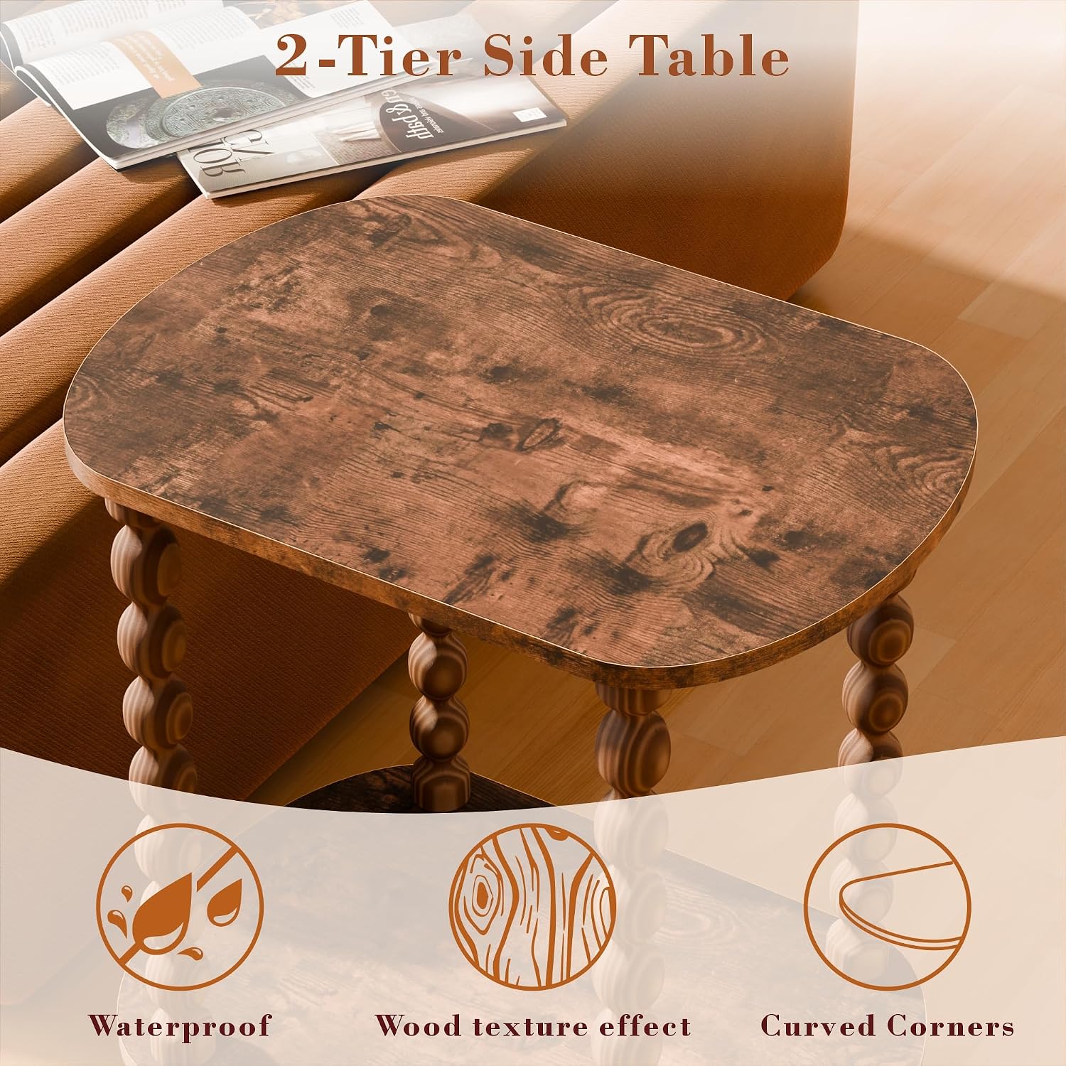 2-Tier Side Table, Small End Table with Storage Shelf for Small Spaces, Modern Bedside Tables for Living Room, Bedroom, Corners, and Office (Rustic Brown, 11.81 inch)