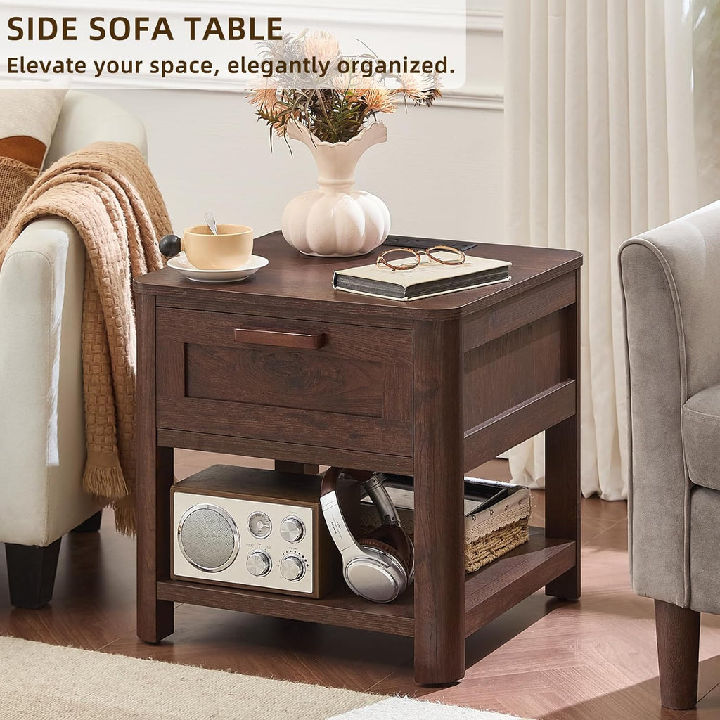 Joaxswe Farmhouse Side Tables Living Room, Small Nightstand with 1 Drawers & Open Shelving & 4 Thickened Table Legs, Walnut