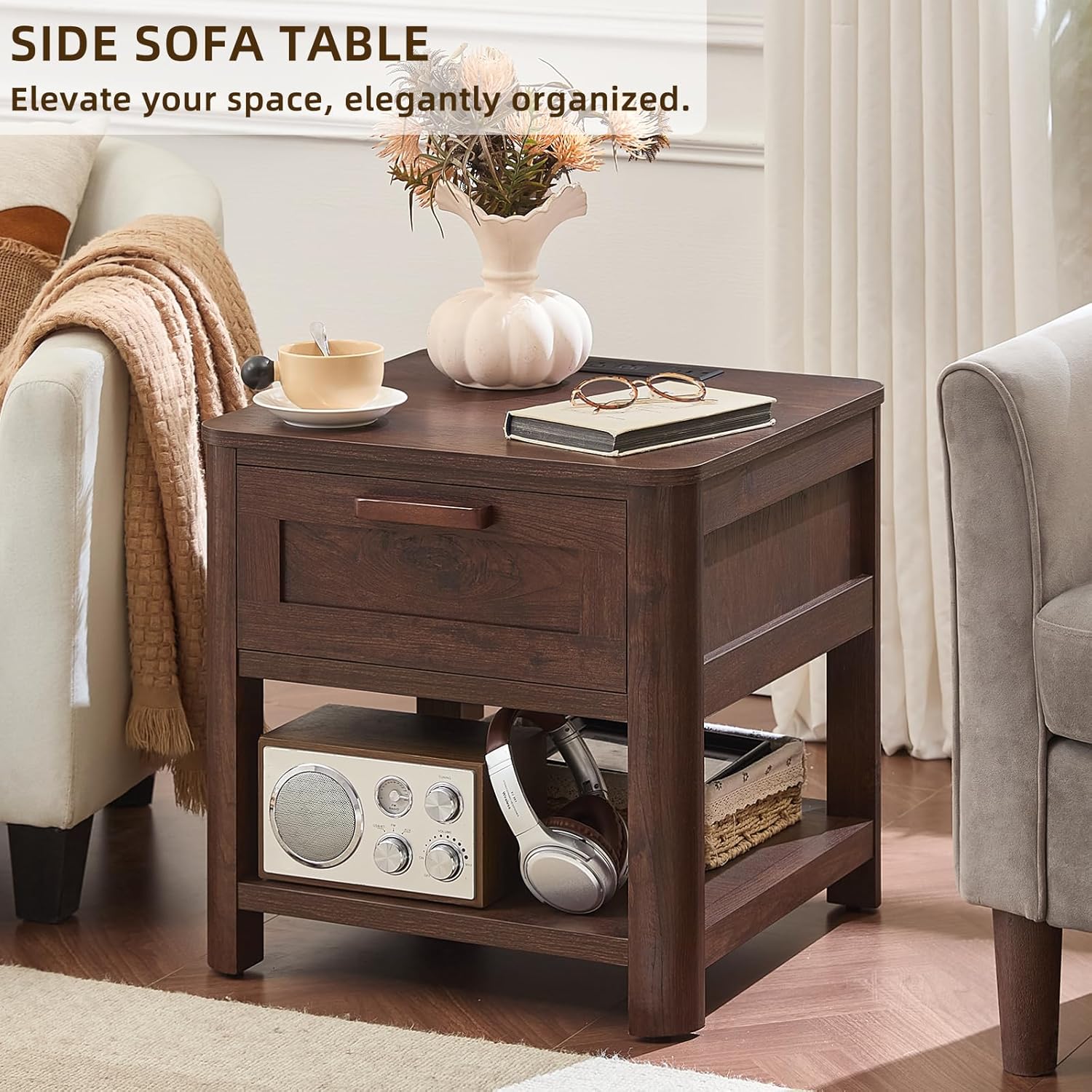 Joaxswe Farmhouse Side Tables Living Room, Small Nightstand with 1 Drawers & Open Shelving & 4 Thickened Table Legs, Walnut