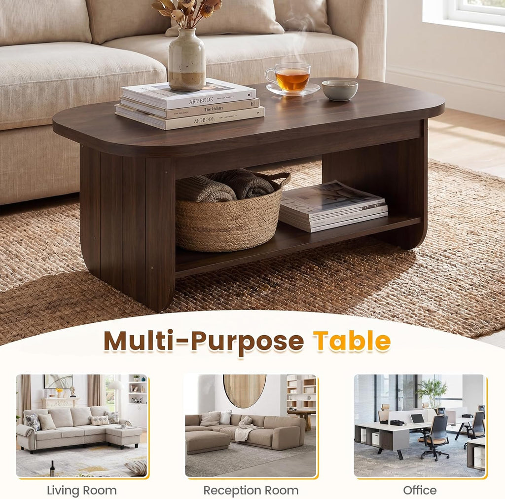 Giantex Oval Coffee Table, 47" Mid Century Modern Center Table with Storage Shelf & Round Corner, 2-Tier Accent Cocktail Tea Table, Wood Coffee Table for Living Room, Small Spaces (Espresso)