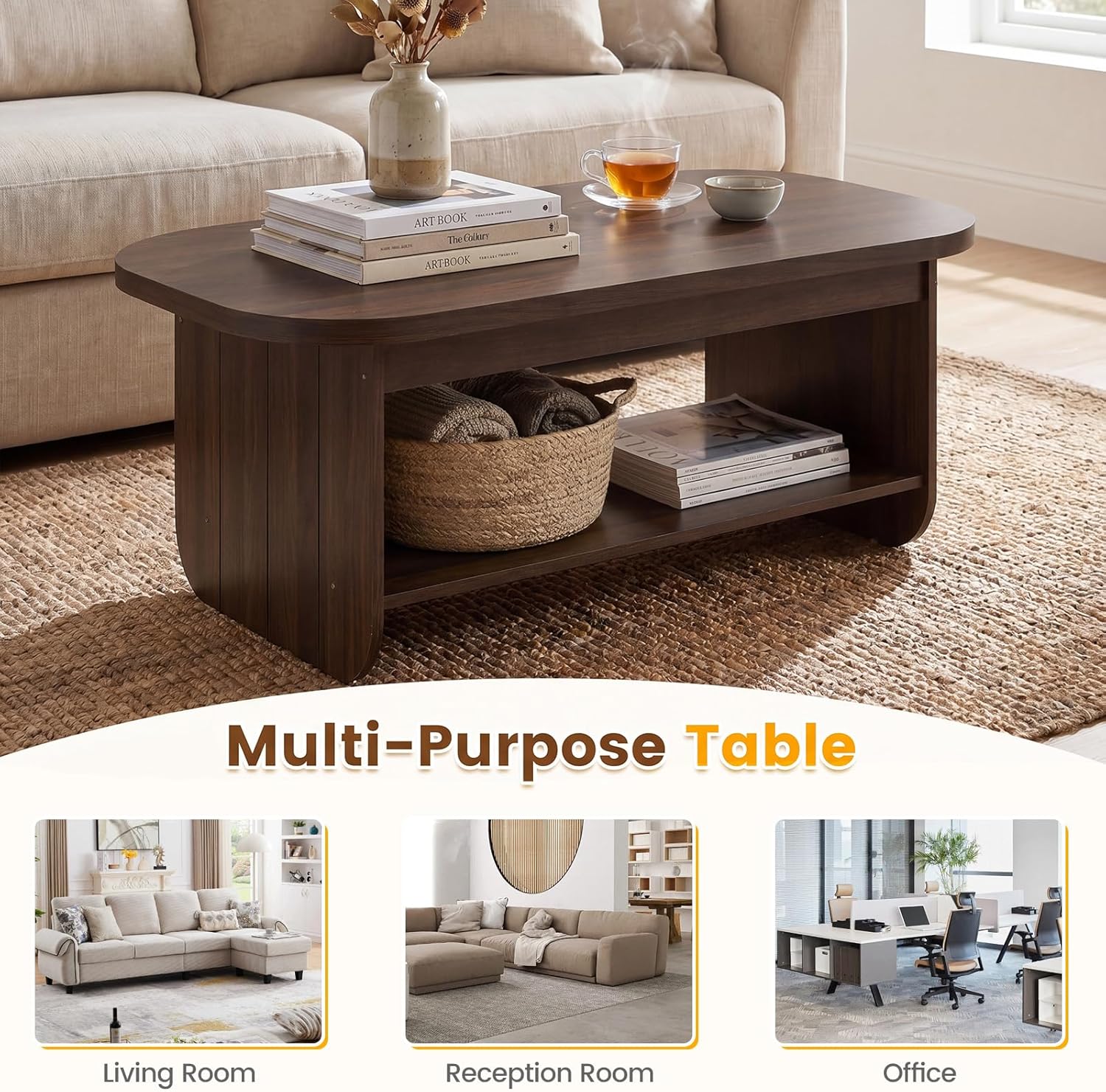 Giantex Oval Coffee Table, 47" Mid Century Modern Center Table with Storage Shelf & Round Corner, 2-Tier Accent Cocktail Tea Table, Wood Coffee Table for Living Room, Small Spaces (Espresso)