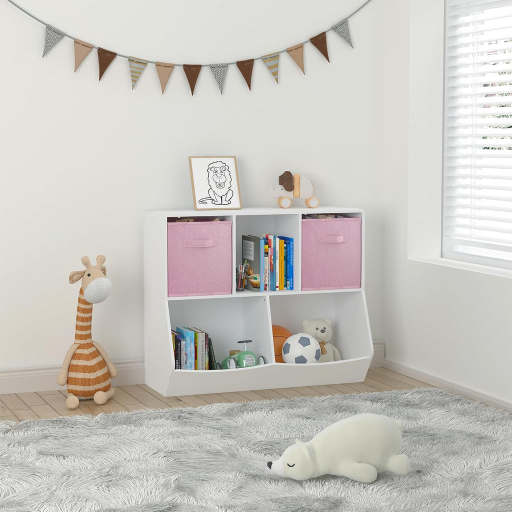 Bookcase with Collapsible Fabric Drawers, Toy Storage Cabinet for Playroom, Bedroom, Nursery, School, White,Pink