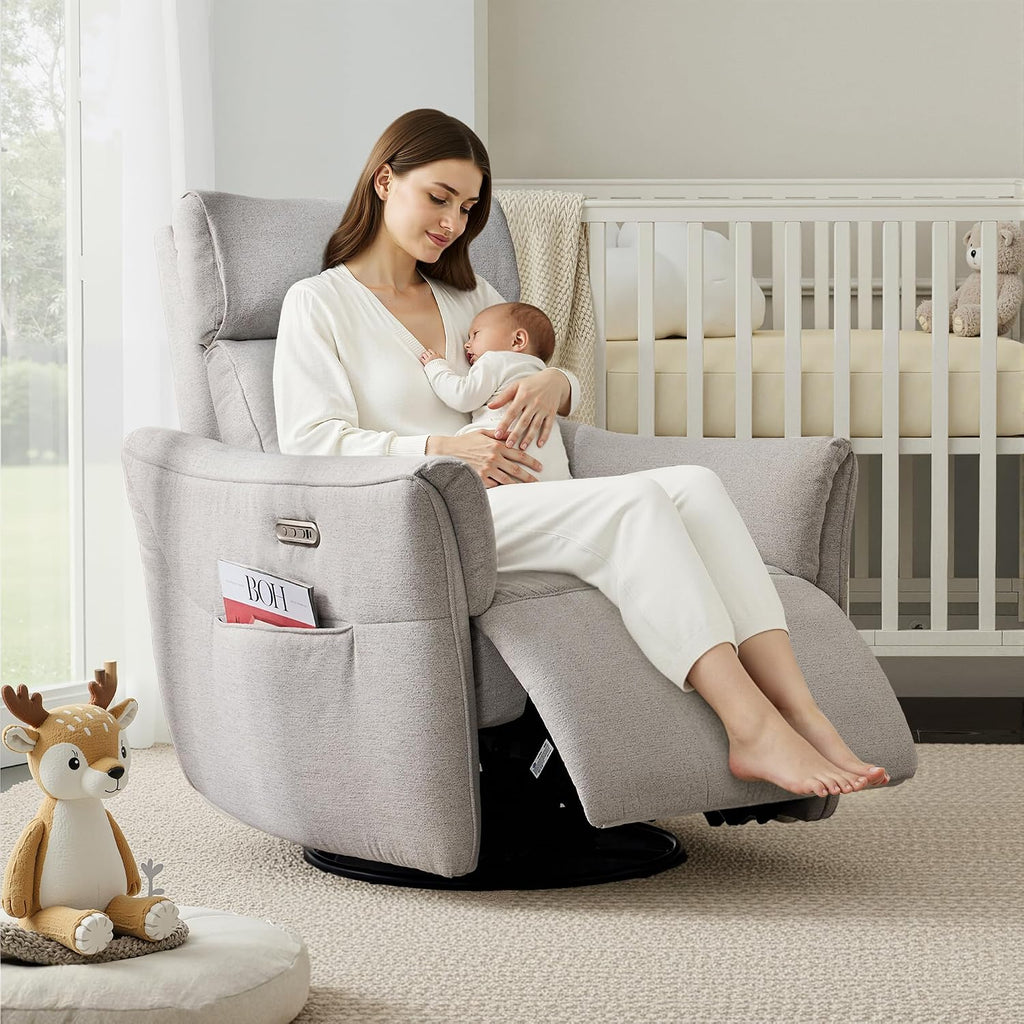 Power Rocking Chair Nursery Glider Recliner with Adjustable Headrest, Dual Motor Chenille Swivel Rocker Recliner Chair with USB Port and Storage Bags, FSC, CertiPUR-US® Certified, Crockery Grey