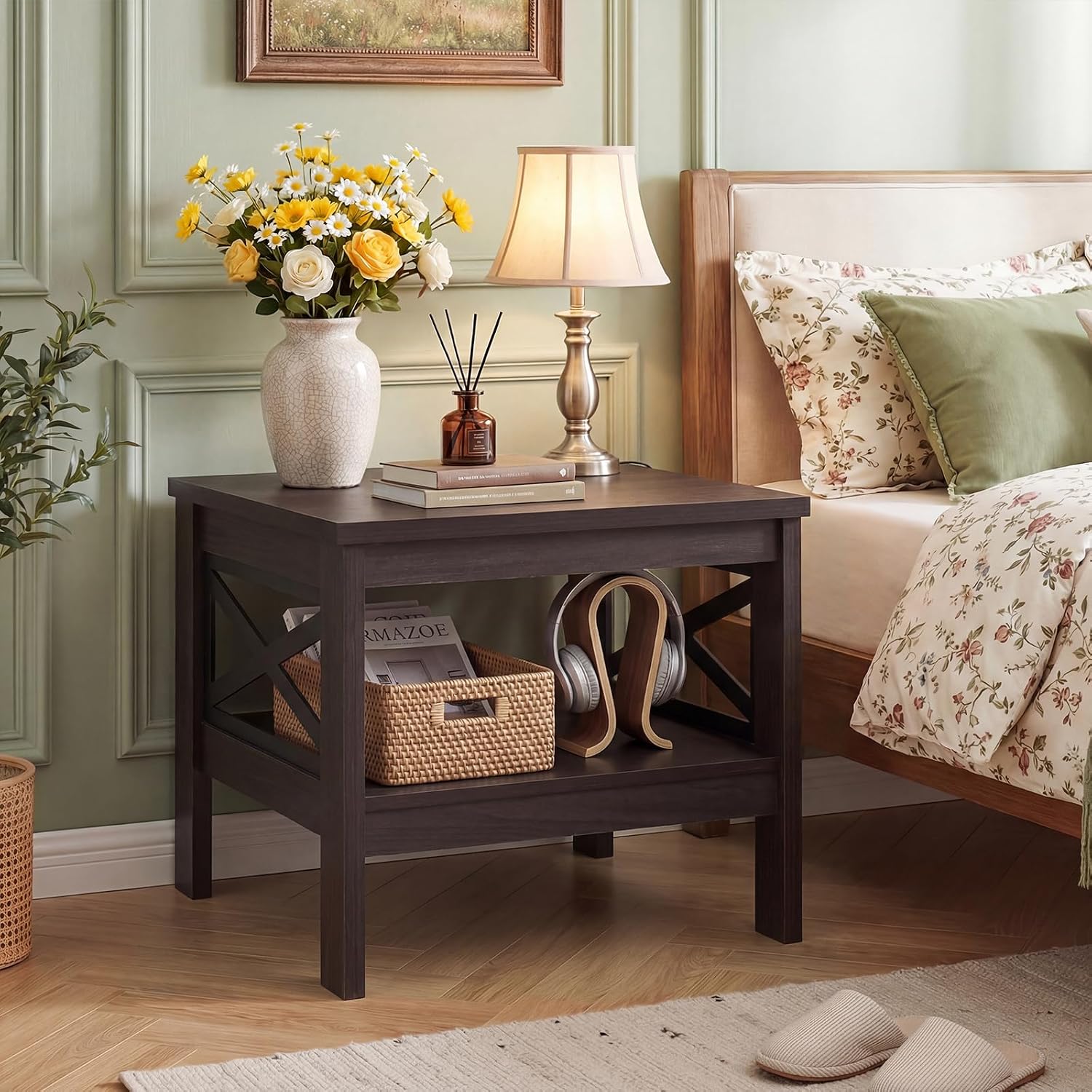 Giantex 2-Tier Square End Table, 24'' Sofa Couch Side Table with Storage Shelf & X-Frame, Farmhouse Wood Bedside Night Stand for Bedroom Living Room (Brown,1)