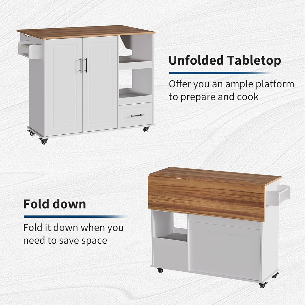 IDEALHOUSE Rolling Kitchen Island on Wheels, 48'' Mobile Kitchen Cart with Drop Leaf, Butcher Block Island with Open Shelf, Drawer, Spice Rack, Wood Top, and Lockable Wheels