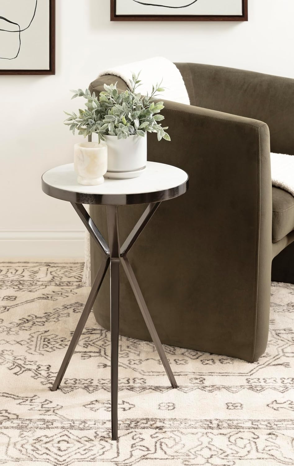 Kate and Laurel Gribben Modern Round Marble Side Table, 14 x 14 x 24, White and Gray Gunmetal, Tripod-Base Bedside Table for Display and Storage as a Bedroom Nightstand or Living Room Accent
