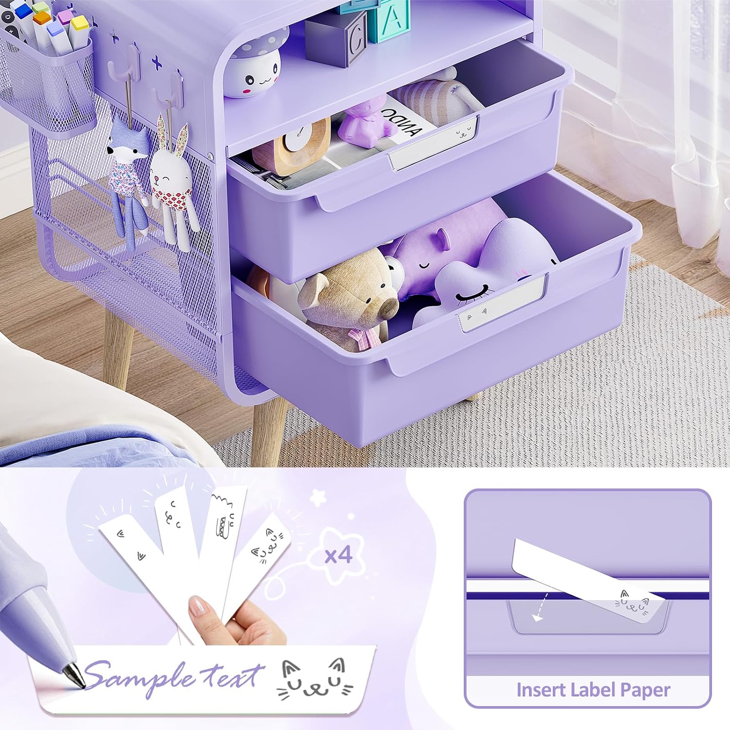 SYKIARIOL Kids Nightstand, Girls Bedside Table, Night Side Table | Kids Night Stand, End Tables Bedroom, Purple Cute Nightstand with Storage Drawer for Girls
