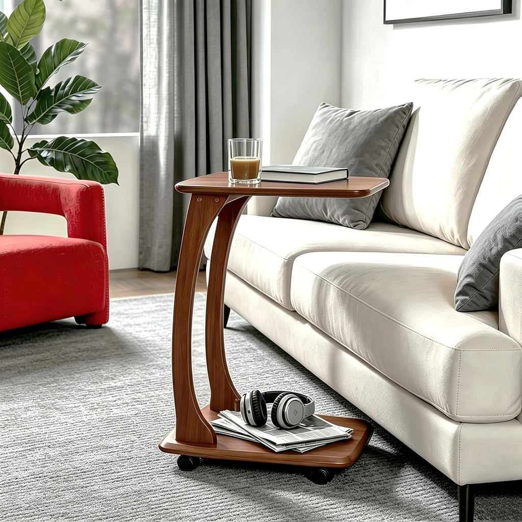 C-Shaped End Table with Wheels,Walnut Color(18.1" Dx13.7 W x24.8 H) | Rolling Side Table,C Table with Wheels,TV Tray Table,Couch Table that Slide Under for Living Room,Bedroom
