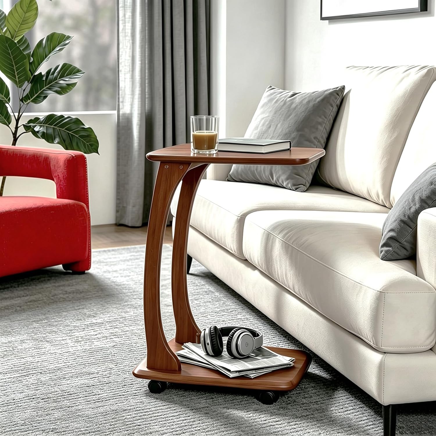C-Shaped End Table with Wheels,Walnut Color(18.1" Dx13.7 W x24.8 H) | Rolling Side Table,C Table with Wheels,TV Tray Table,Couch Table that Slide Under for Living Room,Bedroom