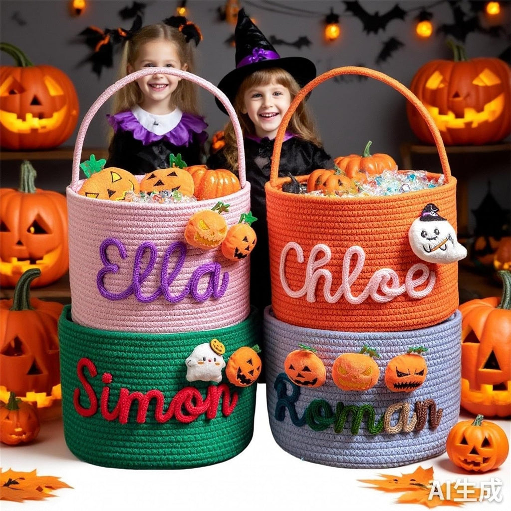 FKOG Halloween Candy Basket, Custom Cotton Rope Storage Bin with Handle, Personalized Trick or Treat Container, Decorative Pumpkin Design (Orange)