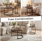 GOFLAME Nesting Coffee Tables Set of 2, Stacking Round Center Table with Wooden Tabletop & Powder Coated Steel Frame, Living Room Coffee End Table Set for Apartment, Bedroom (Brown & Black)