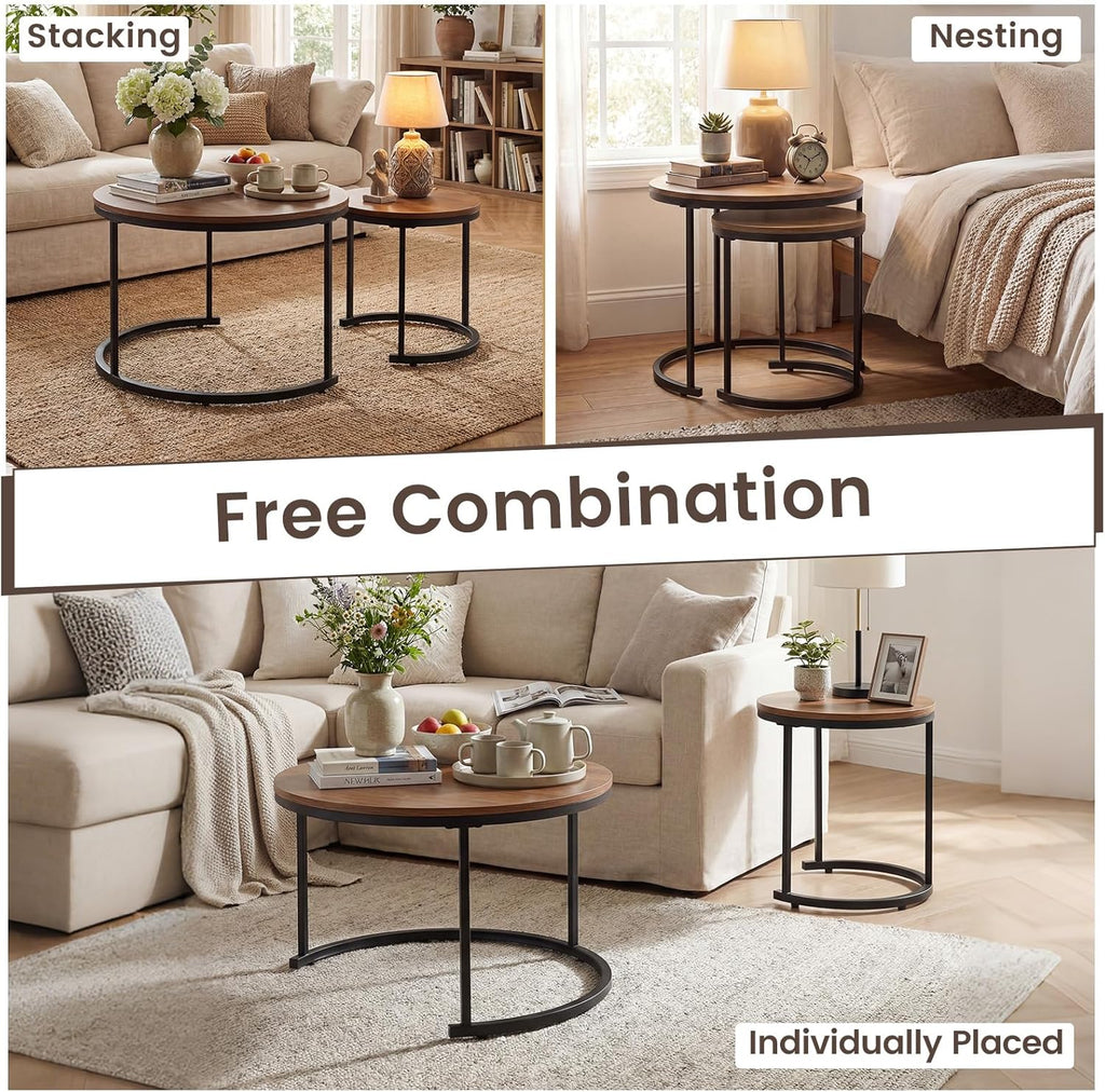 GOFLAME Nesting Coffee Tables Set of 2, Stacking Round Center Table with Wooden Tabletop & Powder Coated Steel Frame, Living Room Coffee End Table Set for Apartment, Bedroom (Brown & Black)